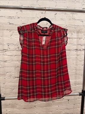 Lane Bryant Red Plaid Ruffle Cap Sleeve V-Neck Blouse